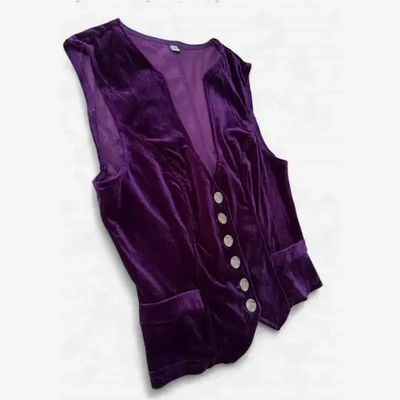 STUNNING! NEW Vintage Y2K Retro S-XL Velvet Rich Purple Boho Button-Up Vest Top - Picture 9 of 9